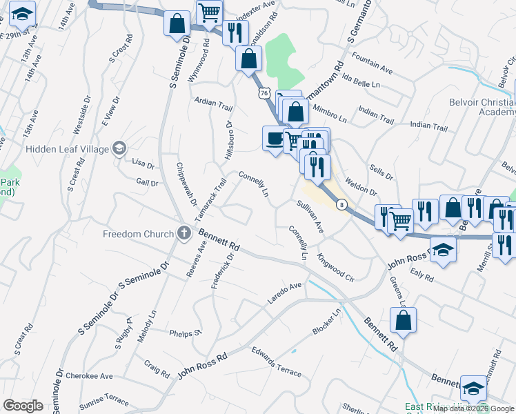 map of restaurants, bars, coffee shops, grocery stores, and more near 3543 Shelby Circle in Chattanooga