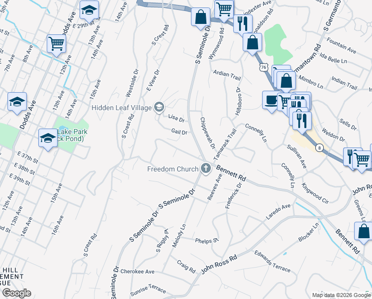 map of restaurants, bars, coffee shops, grocery stores, and more near 1151 South Seminole Drive in Chattanooga