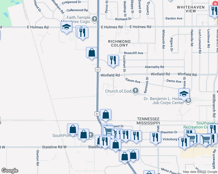 map of restaurants, bars, coffee shops, grocery stores, and more near 5463 Vander Oak Drive in Memphis