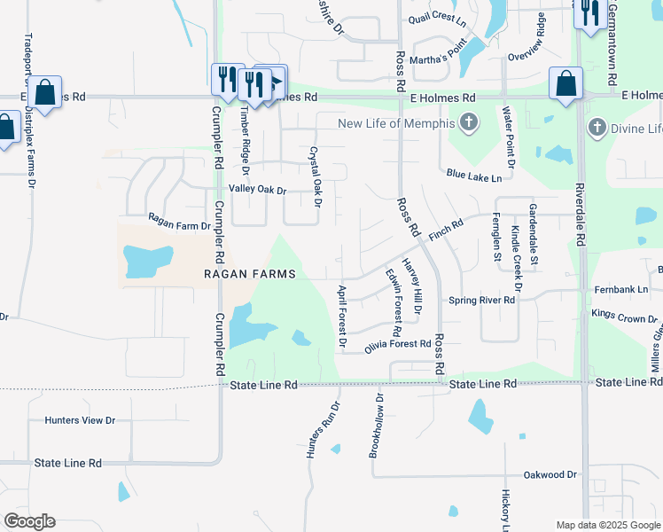 map of restaurants, bars, coffee shops, grocery stores, and more near 5452 April Forest Drive in Memphis