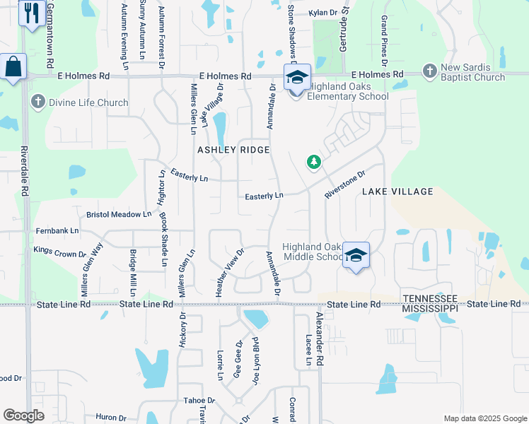 map of restaurants, bars, coffee shops, grocery stores, and more near 7400 Annandale Cove in Memphis