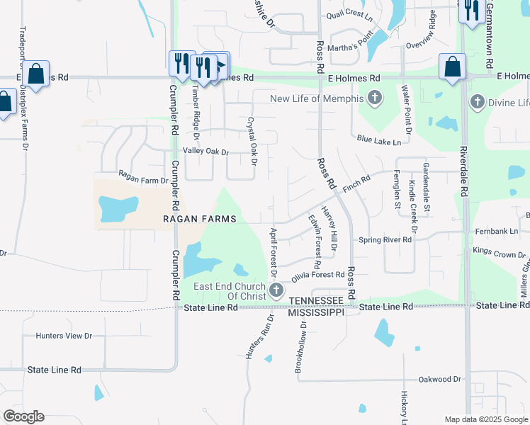map of restaurants, bars, coffee shops, grocery stores, and more near 5463 April Forest Drive in Memphis