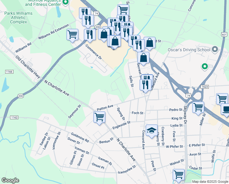 map of restaurants, bars, coffee shops, grocery stores, and more near 610 Patton Avenue in Monroe
