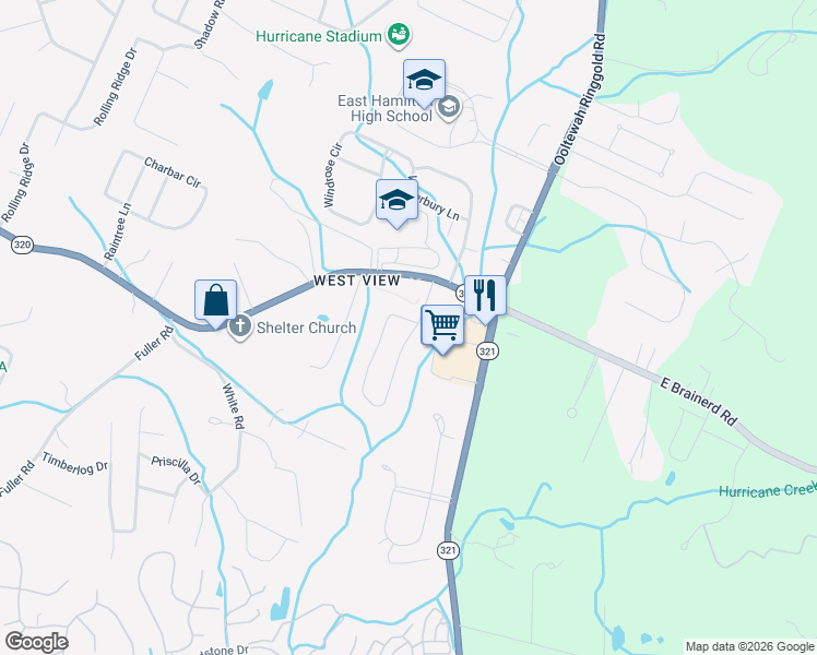 map of restaurants, bars, coffee shops, grocery stores, and more near 9648 East Brainerd Road in Chattanooga