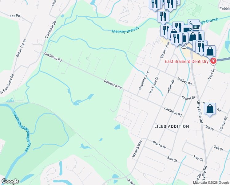 map of restaurants, bars, coffee shops, grocery stores, and more near 7696 Davidson Road in Chattanooga