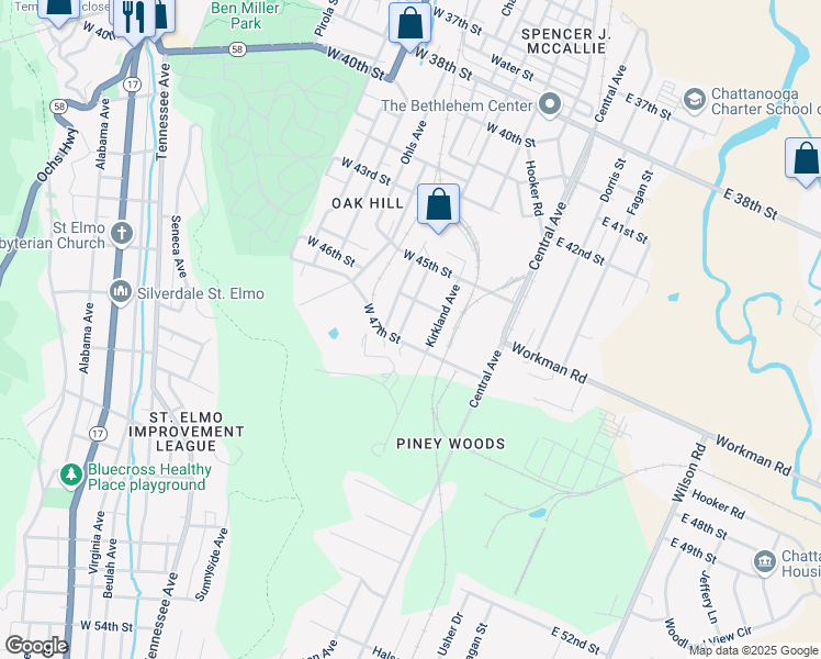 map of restaurants, bars, coffee shops, grocery stores, and more near 4618 Highland Avenue in Chattanooga