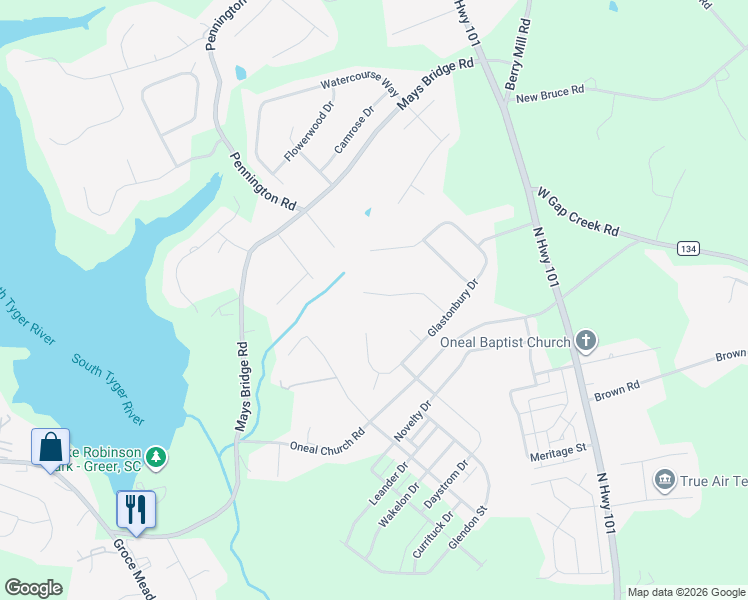 map of restaurants, bars, coffee shops, grocery stores, and more near 42 Perkins Court in Greer