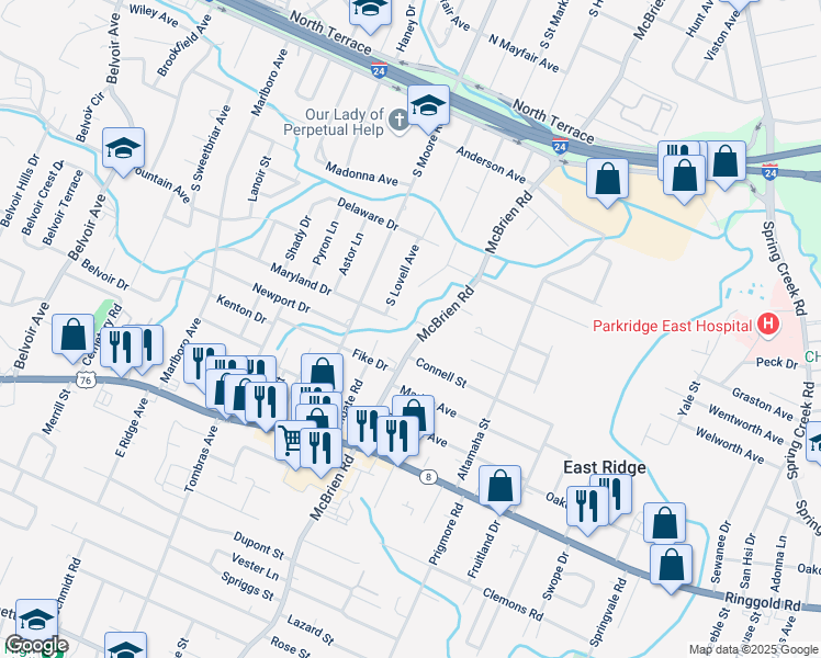 map of restaurants, bars, coffee shops, grocery stores, and more near 1125 Mcbrien Road in Chattanooga