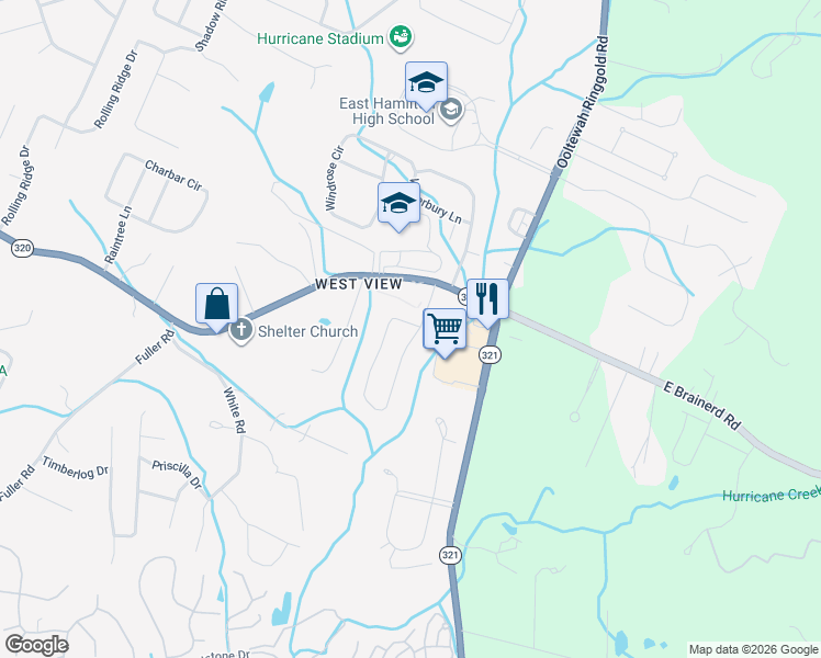 map of restaurants, bars, coffee shops, grocery stores, and more near 9648 East Brainerd Road in Chattanooga