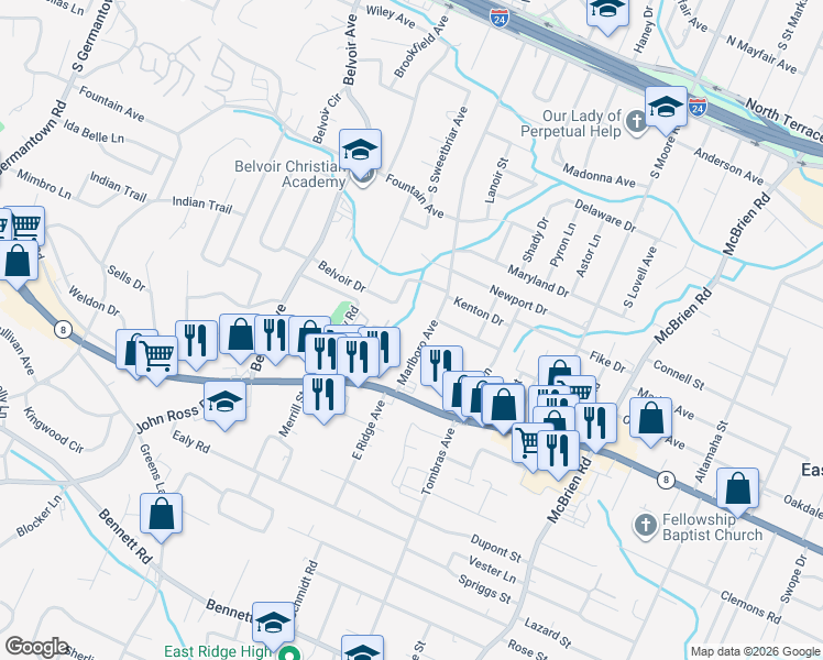 map of restaurants, bars, coffee shops, grocery stores, and more near 1353 Marlboro Avenue in Chattanooga