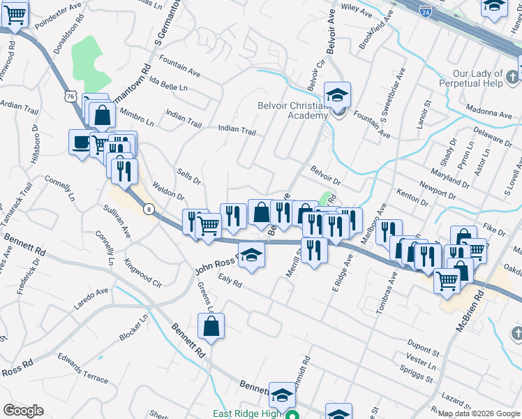 map of restaurants, bars, coffee shops, grocery stores, and more near 4016 Woodmont Drive in Chattanooga