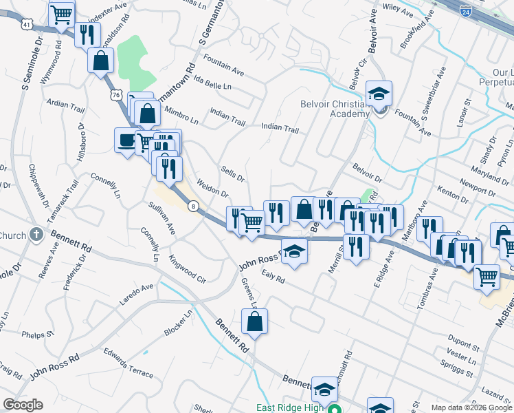map of restaurants, bars, coffee shops, grocery stores, and more near 1039 Hibbler Circle in Chattanooga