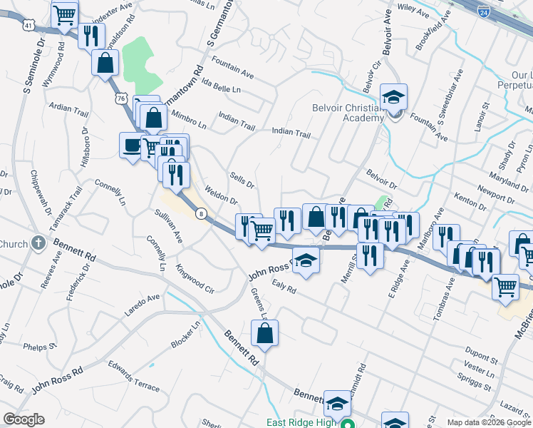 map of restaurants, bars, coffee shops, grocery stores, and more near 1039 Hibbler Circle in Chattanooga