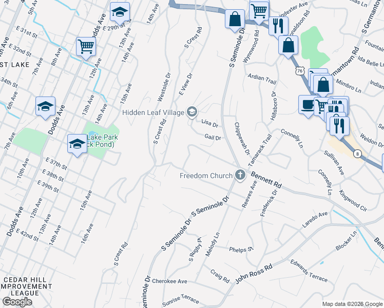 map of restaurants, bars, coffee shops, grocery stores, and more near 3415 Bennett Road in Chattanooga