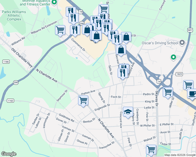 map of restaurants, bars, coffee shops, grocery stores, and more near 610 Patton Avenue in Monroe