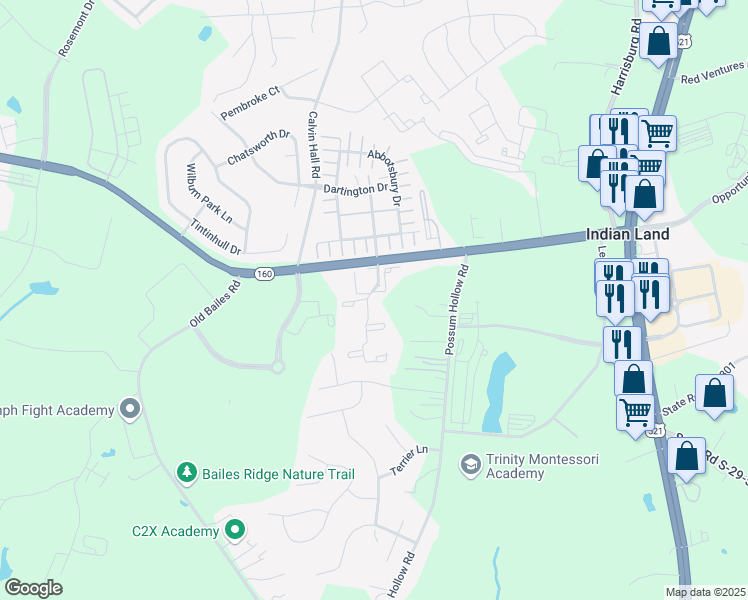 map of restaurants, bars, coffee shops, grocery stores, and more near 1015 Bailes Ridge Avenue in Fort Mill