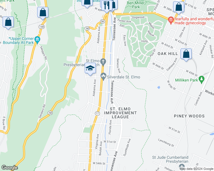 map of restaurants, bars, coffee shops, grocery stores, and more near 4554 Virginia Avenue in Chattanooga