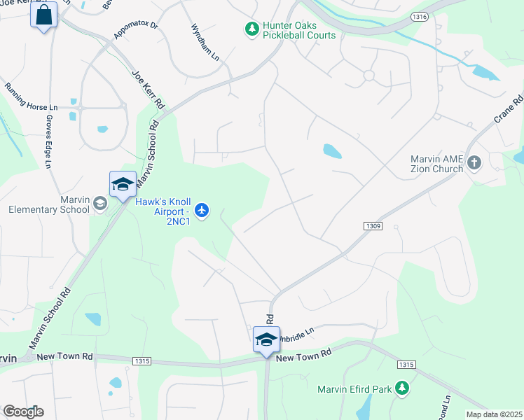 map of restaurants, bars, coffee shops, grocery stores, and more near 1511 Alydar Court in Waxhaw