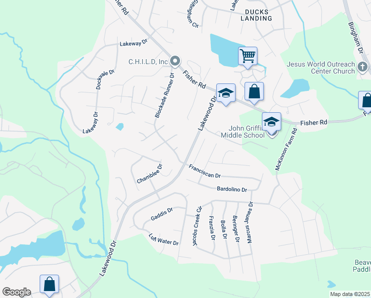 map of restaurants, bars, coffee shops, grocery stores, and more near 4770 Lakewood Drive in Fayetteville