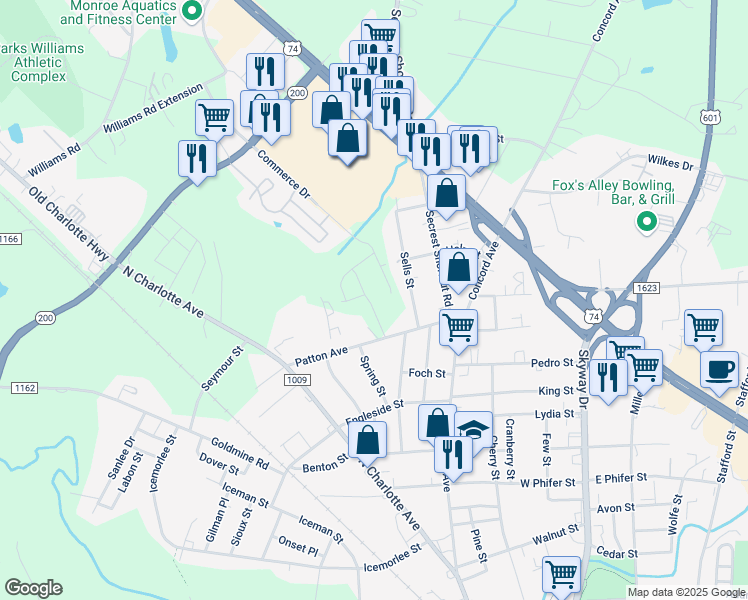 map of restaurants, bars, coffee shops, grocery stores, and more near 1617 Sells Street in Monroe