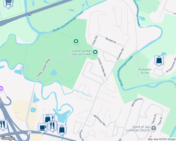 map of restaurants, bars, coffee shops, grocery stores, and more near 422 Cedar Glen Circle in East Ridge