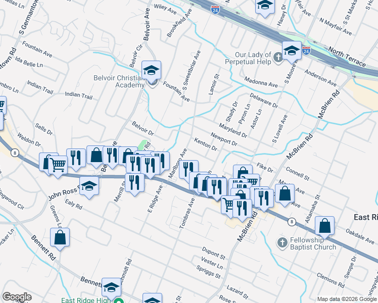 map of restaurants, bars, coffee shops, grocery stores, and more near 1353 Marlboro Avenue in Chattanooga