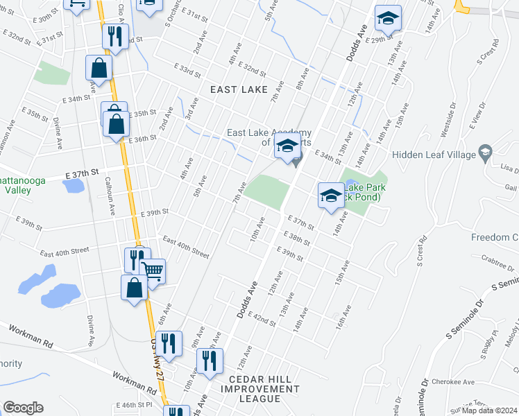 map of restaurants, bars, coffee shops, grocery stores, and more near 2606 East 37th Street in Chattanooga