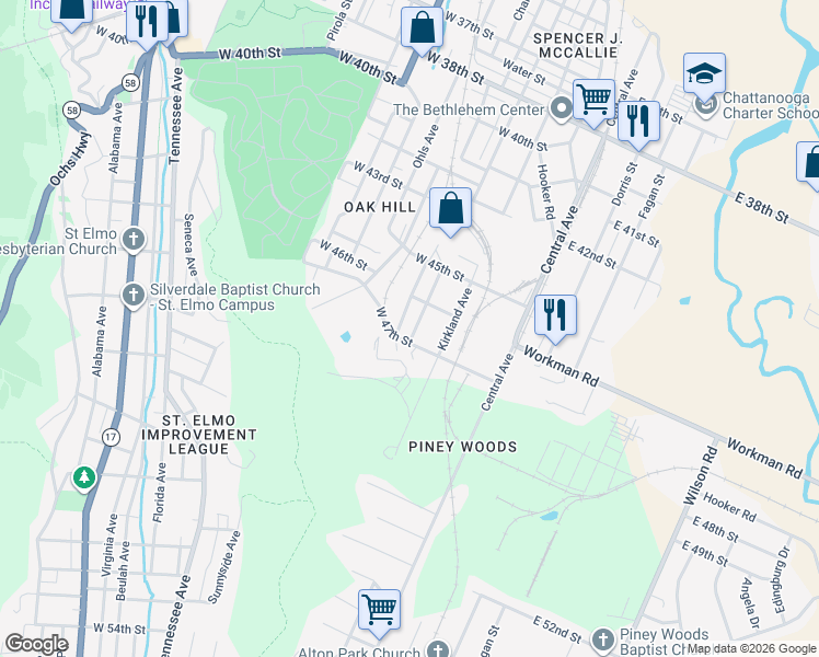 map of restaurants, bars, coffee shops, grocery stores, and more near 4618 Highland Avenue in Chattanooga