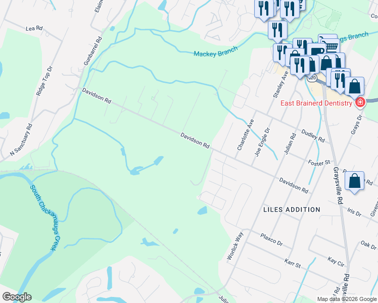 map of restaurants, bars, coffee shops, grocery stores, and more near 7696 Davidson Road in Chattanooga