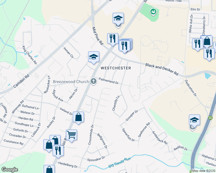 map of restaurants, bars, coffee shops, grocery stores, and more near 3322 Crosswinds Drive in Hope Mills