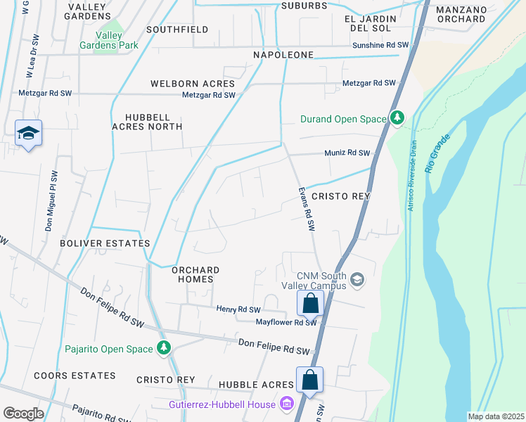 map of restaurants, bars, coffee shops, grocery stores, and more near 2215 Muniz Road Southwest in Albuquerque