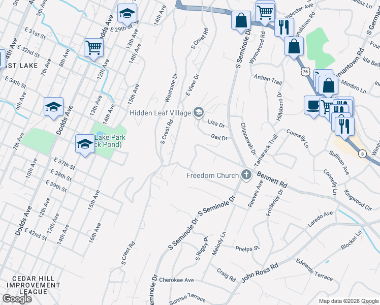 map of restaurants, bars, coffee shops, grocery stores, and more near 3415 Bennett Road in Chattanooga