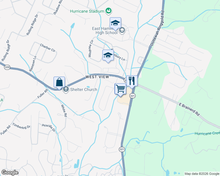 map of restaurants, bars, coffee shops, grocery stores, and more near 9648 East Brainerd Road in Chattanooga