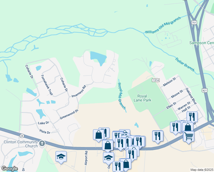 map of restaurants, bars, coffee shops, grocery stores, and more near 104 Candlestick Court in Clinton