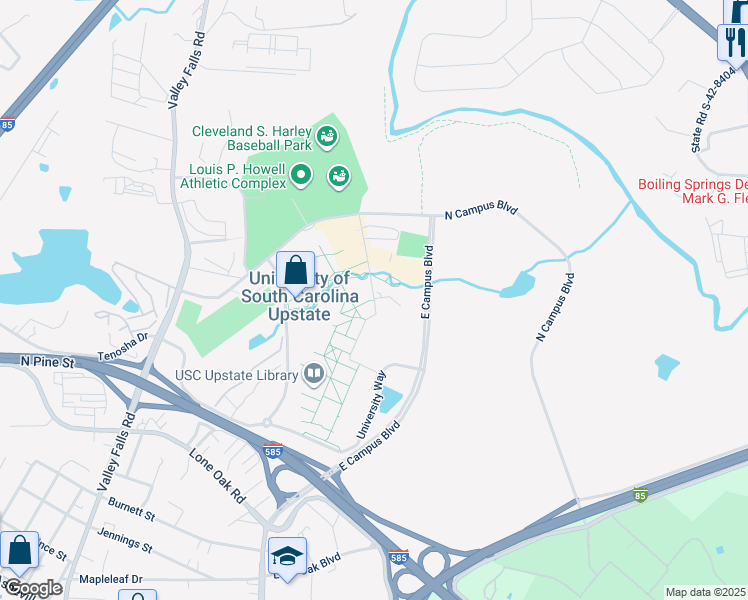map of restaurants, bars, coffee shops, grocery stores, and more near 434 Hodge Drive in Spartanburg