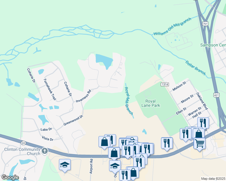 map of restaurants, bars, coffee shops, grocery stores, and more near 104 Candlestick Court in Clinton
