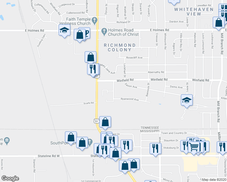 map of restaurants, bars, coffee shops, grocery stores, and more near Vandergreen Drive in Memphis