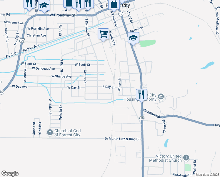 map of restaurants, bars, coffee shops, grocery stores, and more near 146 East Day Street in Forrest City