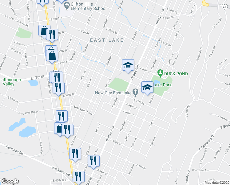map of restaurants, bars, coffee shops, grocery stores, and more near 2606 East 37th Street in Chattanooga