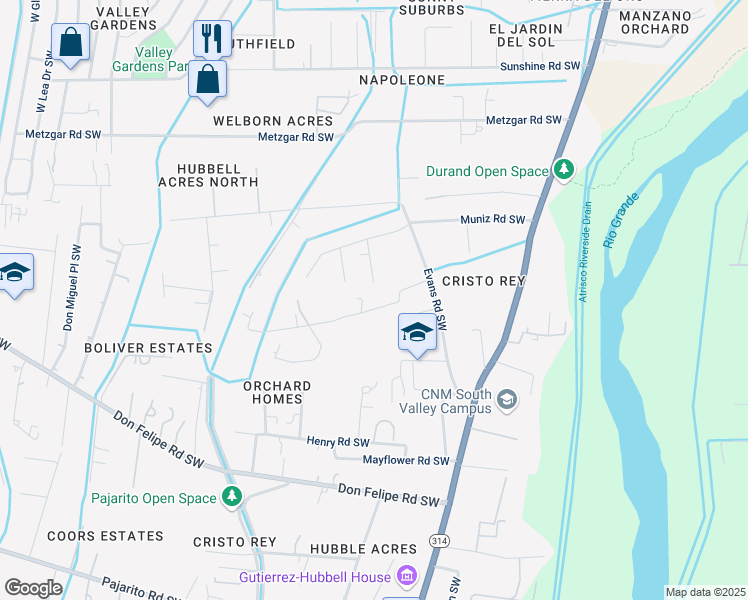 map of restaurants, bars, coffee shops, grocery stores, and more near 2215 Muniz Road Southwest in Albuquerque