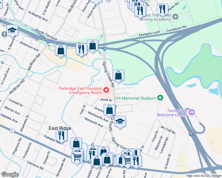 map of restaurants, bars, coffee shops, grocery stores, and more near 931 Spring Creek Road in East Ridge
