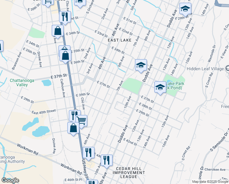 map of restaurants, bars, coffee shops, grocery stores, and more near 3703 7th Avenue in Chattanooga