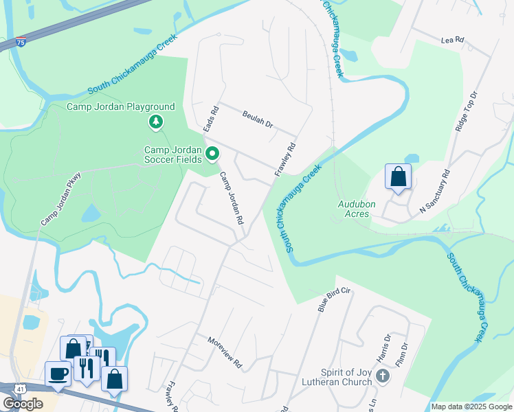 map of restaurants, bars, coffee shops, grocery stores, and more near 335 Frawley Road in Chattanooga