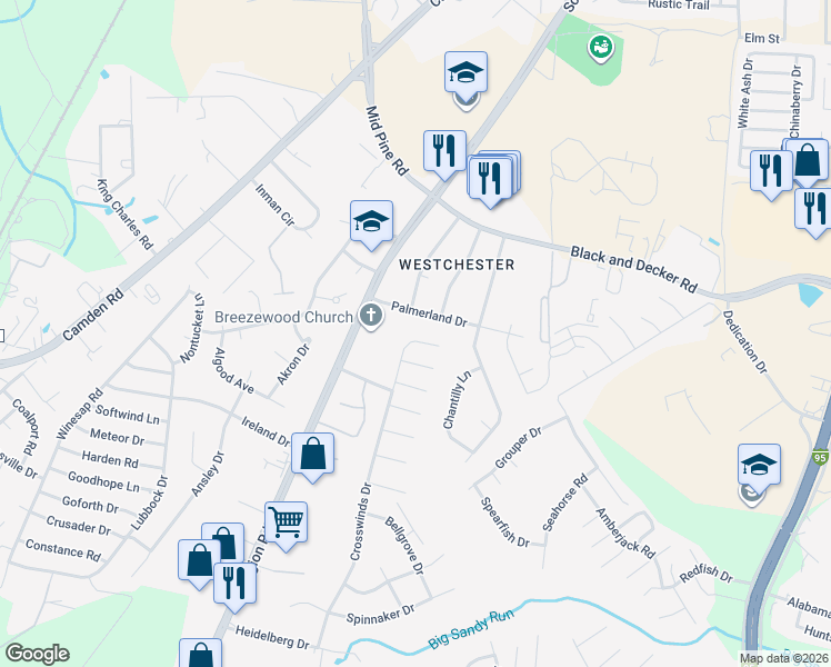 map of restaurants, bars, coffee shops, grocery stores, and more near 3322 Crosswinds Drive in Hope Mills