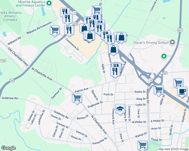 map of restaurants, bars, coffee shops, grocery stores, and more near 1617 Sells Street in Monroe