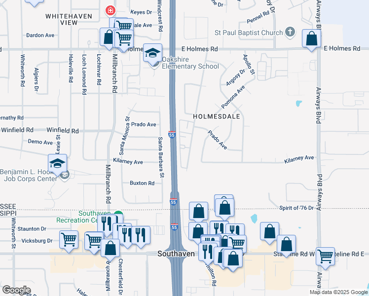 map of restaurants, bars, coffee shops, grocery stores, and more near 5449 Hudgins Road in Memphis
