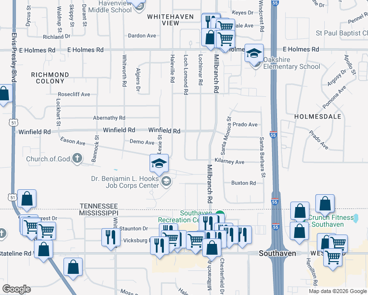 map of restaurants, bars, coffee shops, grocery stores, and more near 545 Kilarney Avenue in Memphis