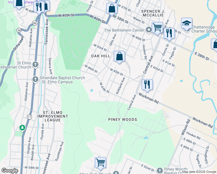 map of restaurants, bars, coffee shops, grocery stores, and more near 4621 Highland Avenue in Chattanooga
