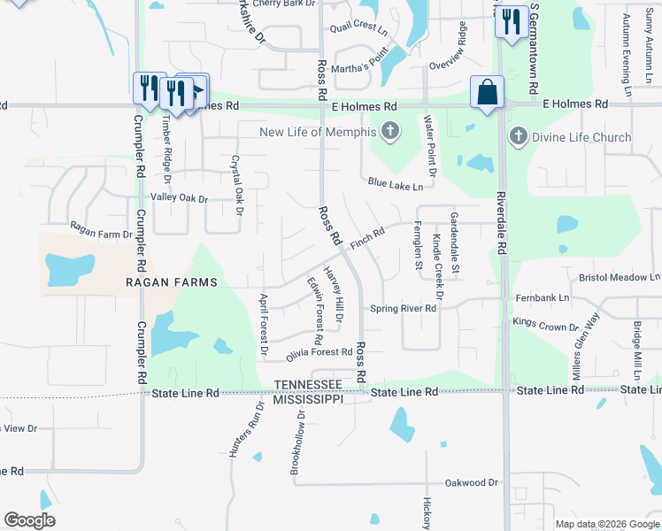 map of restaurants, bars, coffee shops, grocery stores, and more near 6713 Finch Road in Memphis