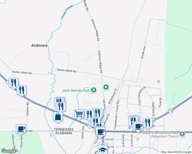 map of restaurants, bars, coffee shops, grocery stores, and more near 26454 Austin Whitt Road in Ardmore